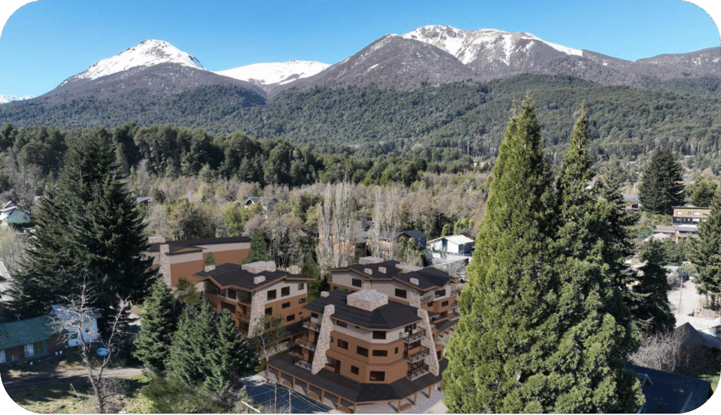 Render con vista de drone y las cordillera de fondo