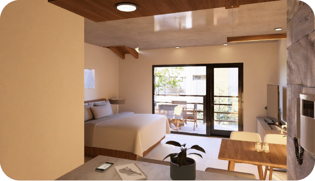 Render interior de departamento monoambiente